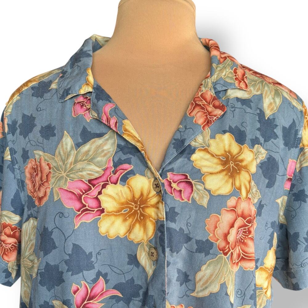 Vintage La Cabana Blue Floral Hawaiian Shirt Plus Size 2X Rayon Camp Collar